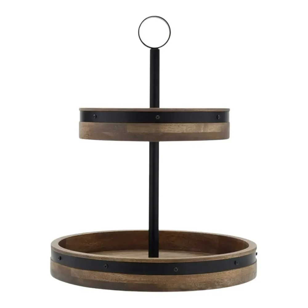 Mikasa 2 Tier Lazy Susan Burnished Iron Band Mango Wood Trays 2in1 Convertible!